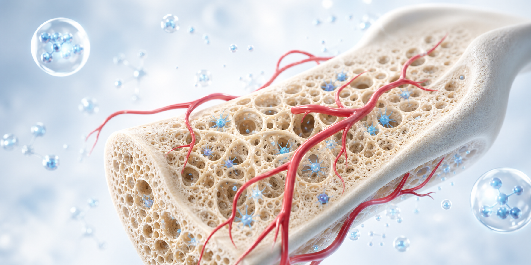 Visualização de regeneração óssea com osso trabecular, vasos e partículas bioativas